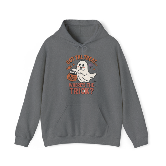 GOT THE TREAT, WHERE'S THE TRICK Hoodie - Got the treats, still waiting on the trick!” – The perfect hoodie for laughs, parties, and Halloween chills.