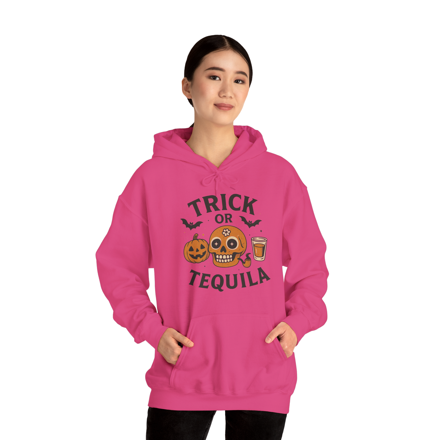 Trick or Tequila hoodie: Tricks, treats, and a shot of tequila.” – The ultimate hoodie for Halloween spirits.